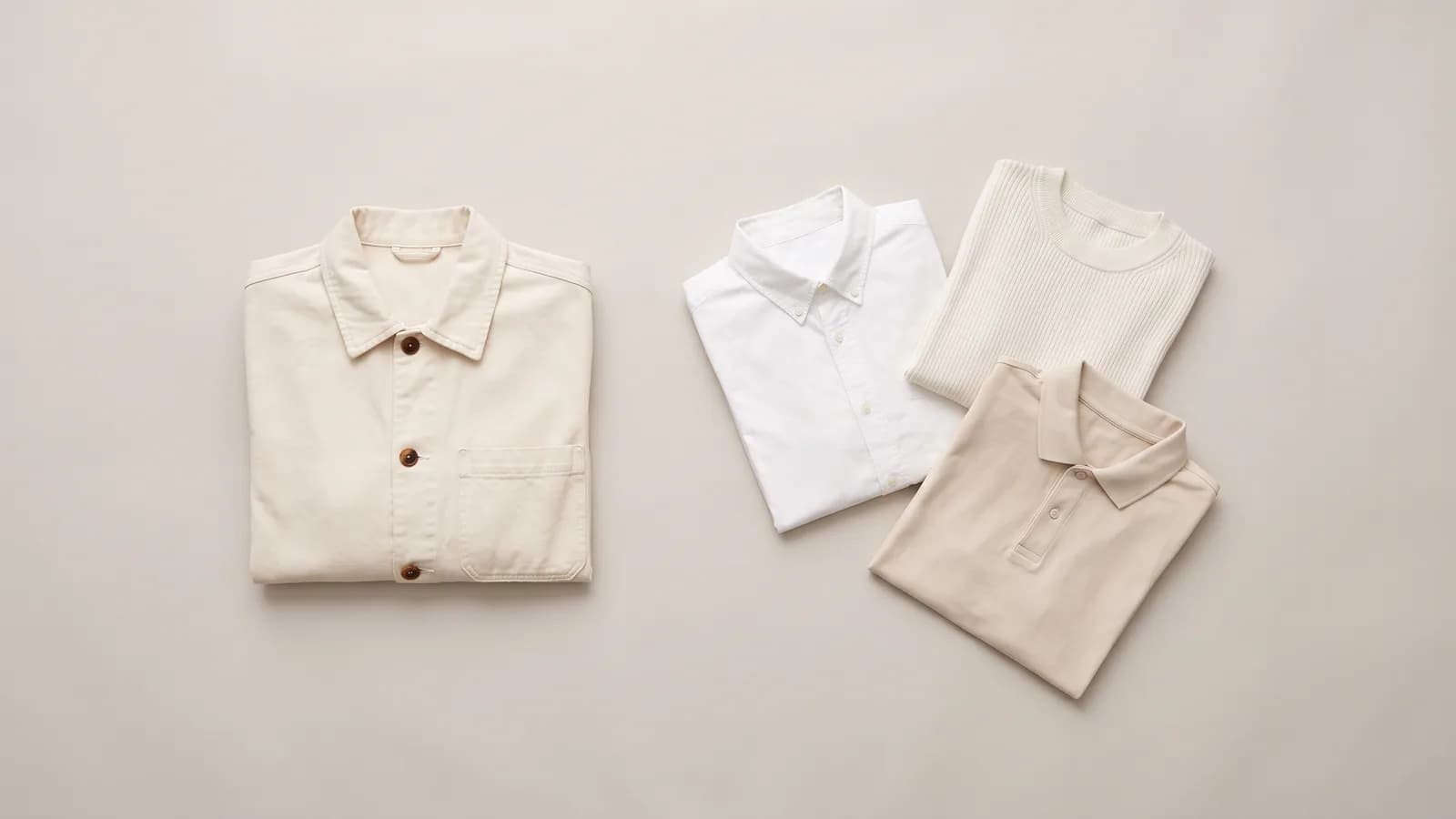 The same ecru chore jacket on the left, set apart by empty space from three similar light-toned folded garments grouped on the right: a white shirt, a cream knit top, and a beige polo.