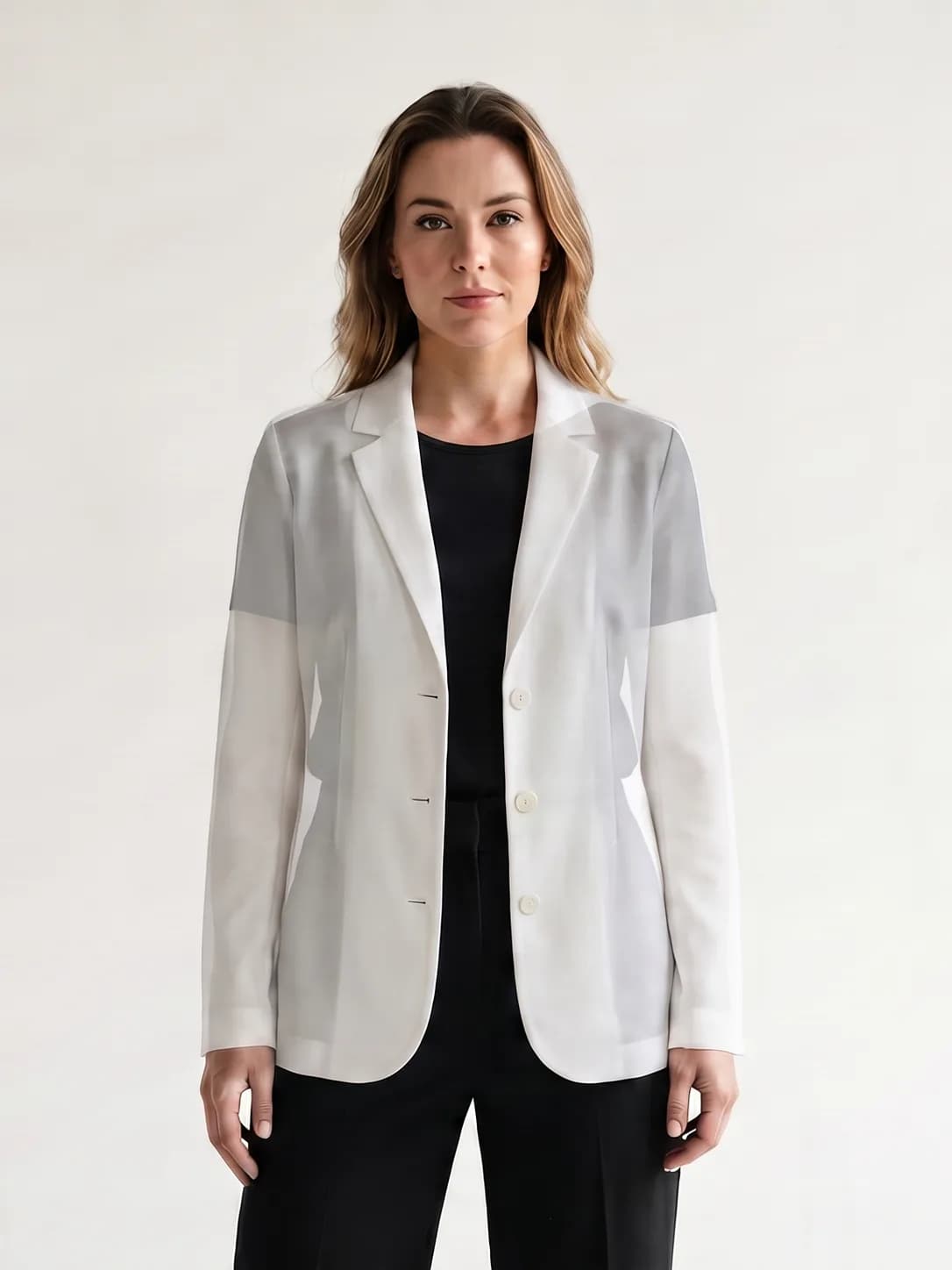A front-facing colour studio portrait of a person, with a plain white blazer overlaid as a translucent double exposure, the dark top beneath still visible through it.