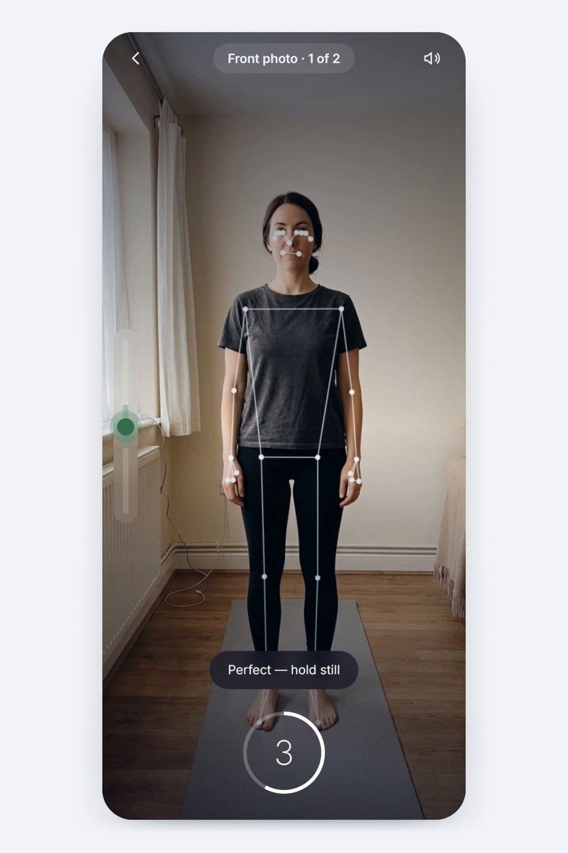 Shaku app camera screen for the front photo, with a pose outline over a woman standing on a mat and a countdown ring