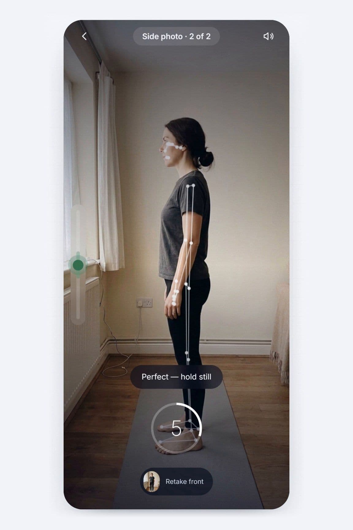 Shaku app camera screen for the side photo, with a pose outline over a woman standing side-on and a countdown ring