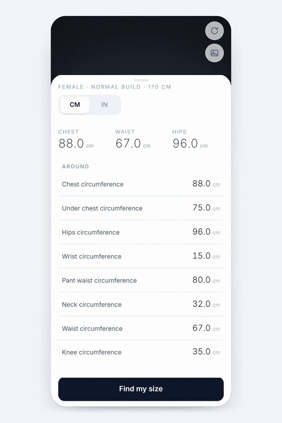 Shaku app screen listing body measurements in centimetres