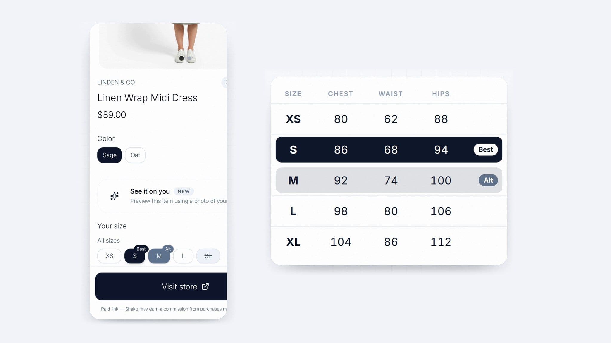 Shaku app product page with size S marked Best and M marked Alt, next to the product's size chart with the S row highlighted