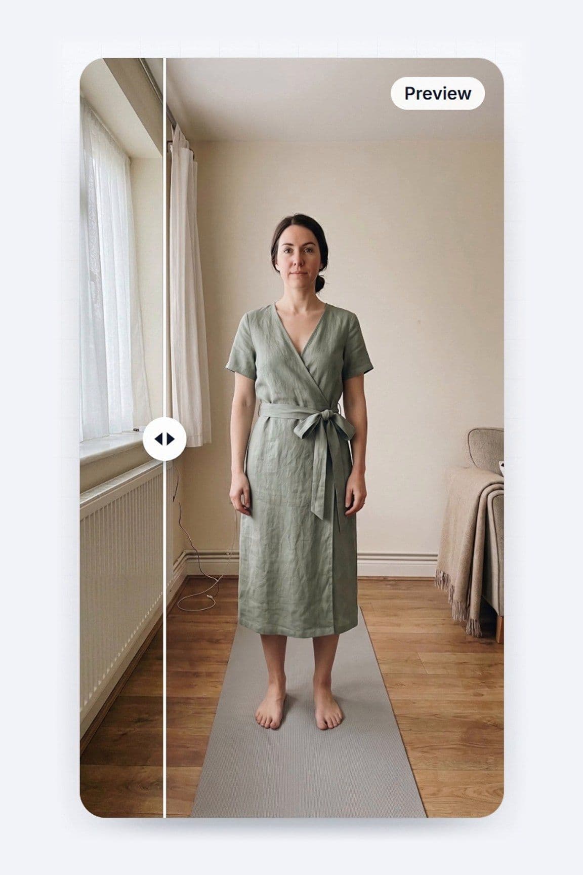 Before-and-after slider in the Shaku app showing a woman's own photo on one side and a preview of her in a sage linen wrap dress on the other