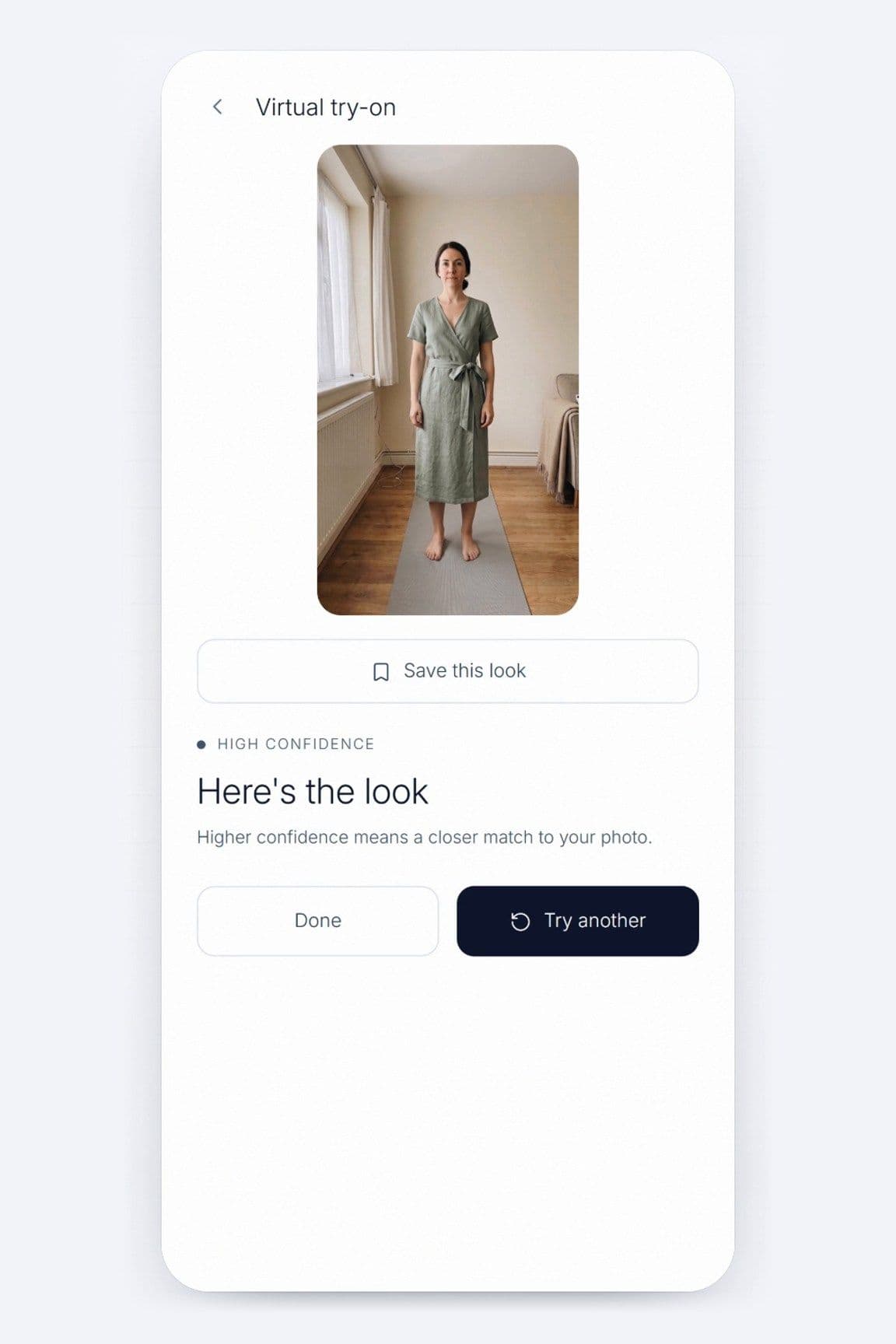 Shaku virtual try-on result screen with the preview image and buttons to save the look or try another