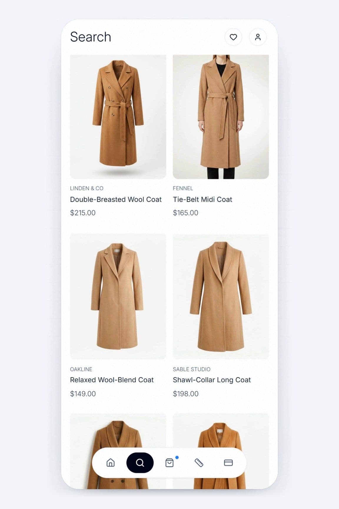 Shaku app search results showing a grid of camel wool coats with brand names and prices