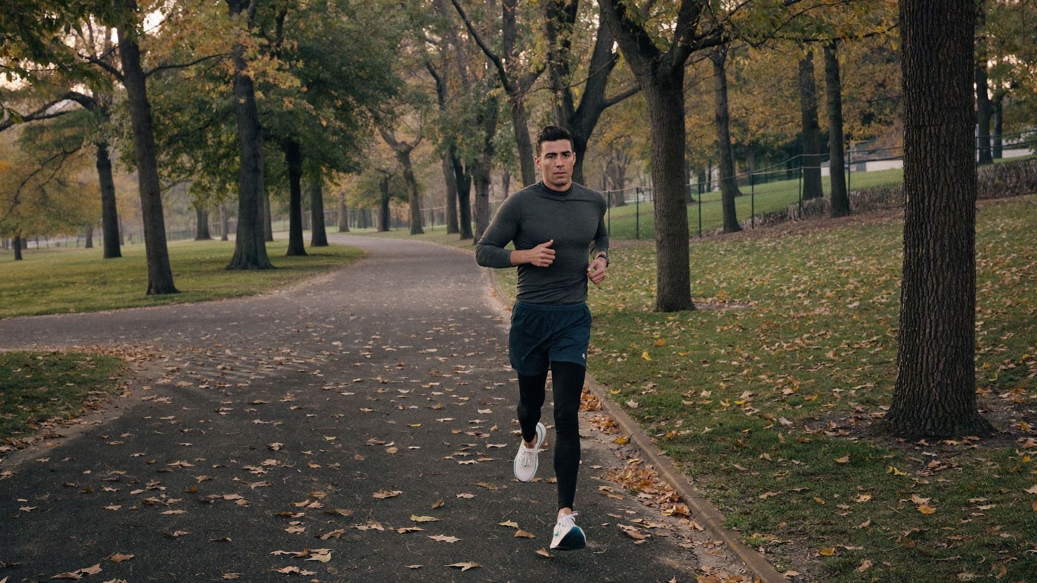 Man running along a leafy park path in a grey long-sleeve top, running shorts and black tights