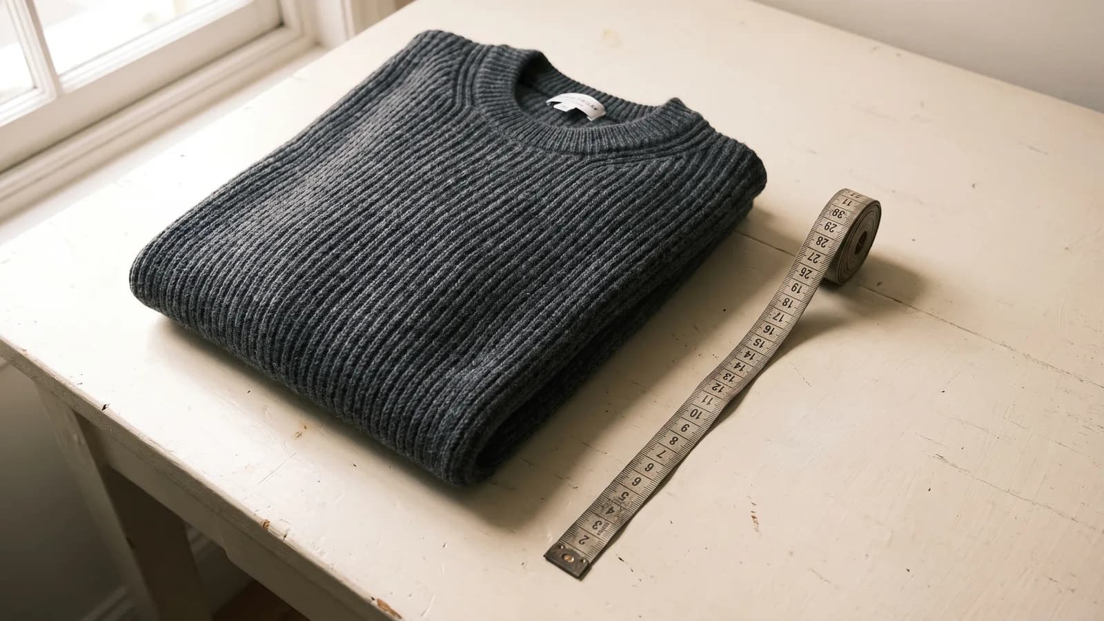 A folded charcoal ribbed wool sweater beside a rolled tailor's tape measure, its numbered markings legible, on a sunlit wooden table by a window.