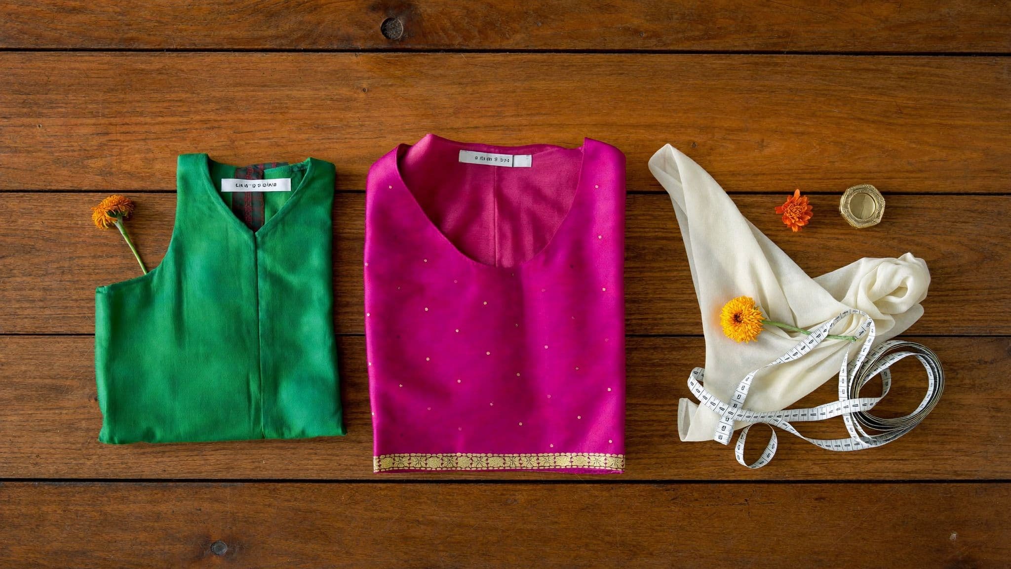 Folded magenta silk blouse with gold zari border, an emerald top, an ivory dupatta, a measuring tape, a brass diya and marigolds on a wooden table